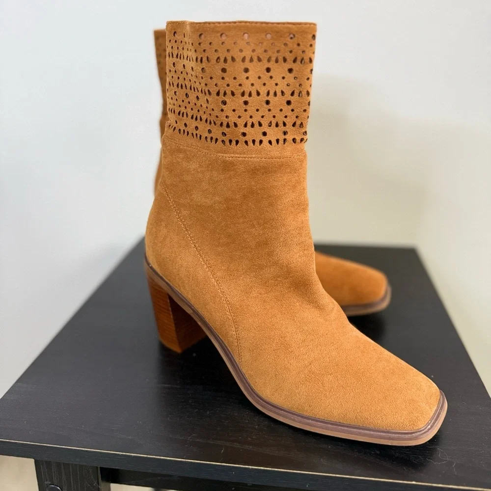 Camel Faux Suede Perforated Ankle Boots Stacked Heel Size 10